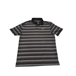 Under Armour HeatGear Golf Polo Shirt Mens Large Black Gray Stripe Loose Fit